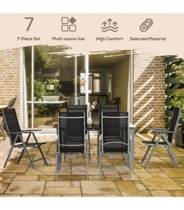 Outdoor Dining Table Black Aluminium 150L x 90W x 74Hcm 7pc Set 6 Folding Chairs