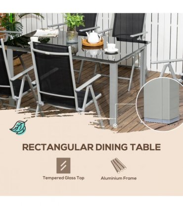 Outdoor Dining Table Black Aluminium 150L x 90W x 74Hcm 7pc Set 6 Folding Chairs