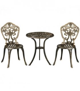 3 Piece Cast Aluminium Garden Bistro Set with Parasol Hole for Balcony, Patio
