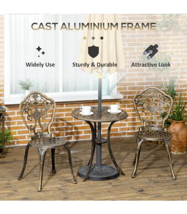 3 Piece Cast Aluminium Garden Bistro Set with Parasol Hole for Balcony, Patio