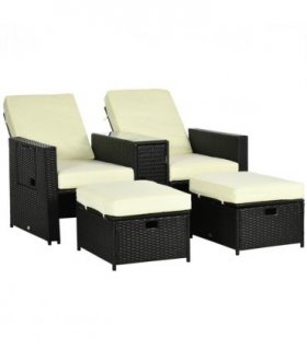 Garden Sun Lounger Set w/ Storage Table & Footstools, Black, 71cmx58cmx90cm
