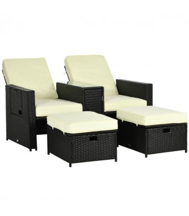 Garden Sun Lounger Set w/ Storage Table & Footstools, Black, 71cmx58cmx90cm