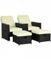 Garden Sun Lounger Set w/ Storage Table & Footstools, Black, 71cmx58cmx90cm