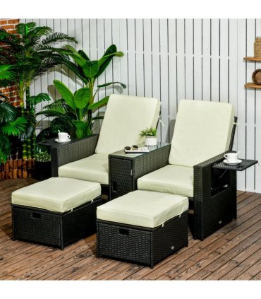 Garden Sun Lounger Set w/ Storage Table & Footstools, Black, 71cmx58cmx90cm