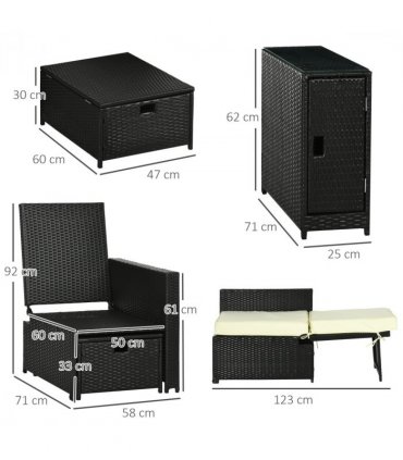 Garden Sun Lounger Set w/ Storage Table & Footstools, Black, 71cmx58cmx90cm