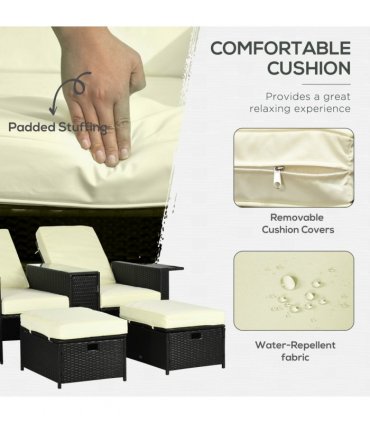Garden Sun Lounger Set w/ Storage Table & Footstools, Black, 71cmx58cmx90cm
