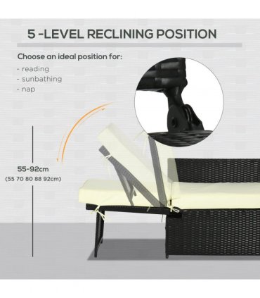 Garden Sun Lounger Set w/ Storage Table & Footstools, Black, 71cmx58cmx90cm