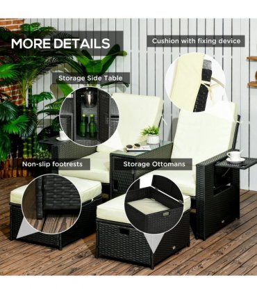 Garden Sun Lounger Set w/ Storage Table & Footstools, Black, 71cmx58cmx90cm