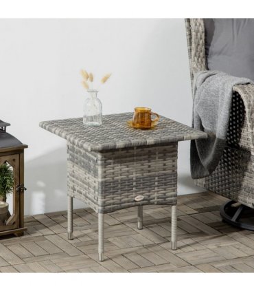 PE Rattan Outdoor Coffee Table, Rattan Side Table for Patio, Garden, Mixed Grey