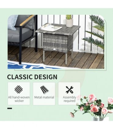PE Rattan Outdoor Coffee Table, Rattan Side Table for Patio, Garden, Mixed Grey
