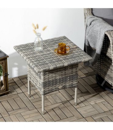 PE Rattan Outdoor Coffee Table, Rattan Side Table for Patio, Garden, Mixed Grey