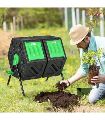 Composter Steel Green and Black 67L x 60W x 77H cm Dual Chamber Rotating