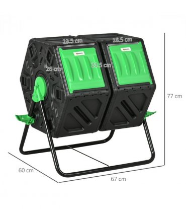 Composter Steel Green and Black 67L x 60W x 77H cm Dual Chamber Rotating