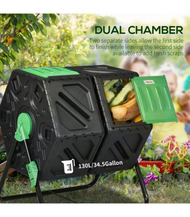 Composter Steel Green and Black 67L x 60W x 77H cm Dual Chamber Rotating