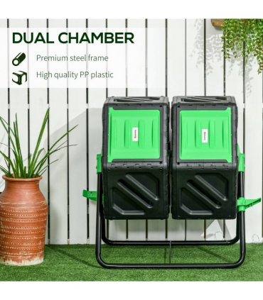 Composter Steel Green and Black 67L x 60W x 77H cm Dual Chamber Rotating