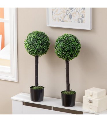 HOMCOM Set of 2 Potted Artificial Plants Boxwood Ball Trees Outdoor, 60cm