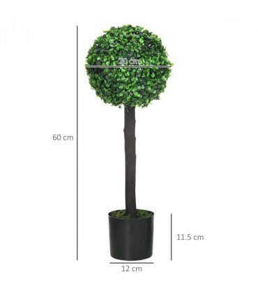 HOMCOM Set of 2 Potted Artificial Plants Boxwood Ball Trees Outdoor, 60cm