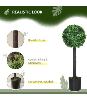 HOMCOM Set of 2 Potted Artificial Plants Boxwood Ball Trees Outdoor, 60cm