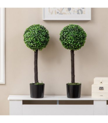 HOMCOM Set of 2 Potted Artificial Plants Boxwood Ball Trees Outdoor, 60cm