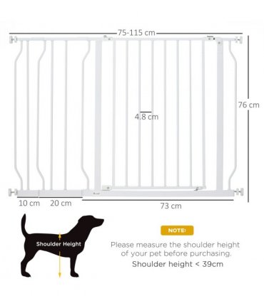 PawHut Dog Gate Wide Stair Gate w/ Door Pressure Fit, 75-115W cm, White