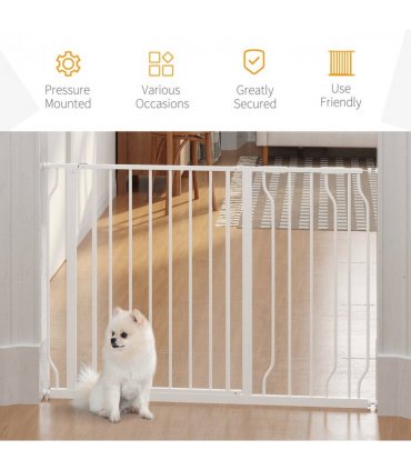 PawHut Dog Gate Wide Stair Gate w/ Door Pressure Fit, 75-115W cm, White