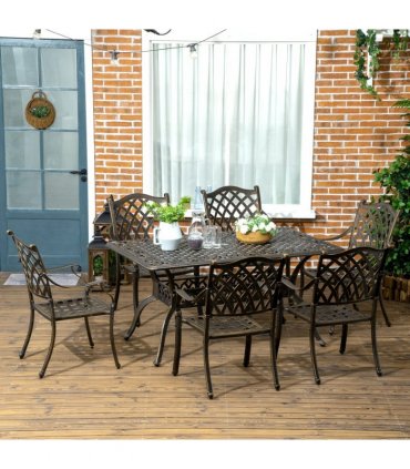 Garden Dining Set 7-PC Cast Aluminum Bronze Tone 150cmx90cmx72.5cm Umbrella