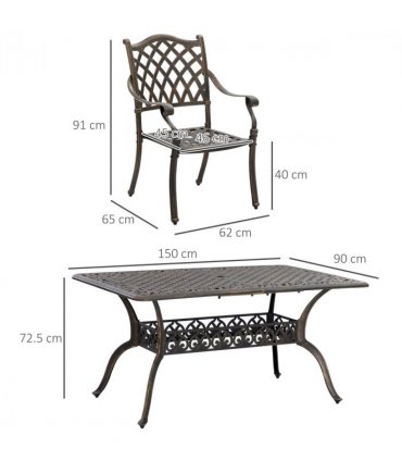 Garden Dining Set 7-PC Cast Aluminum Bronze Tone 150cmx90cmx72.5cm Umbrella