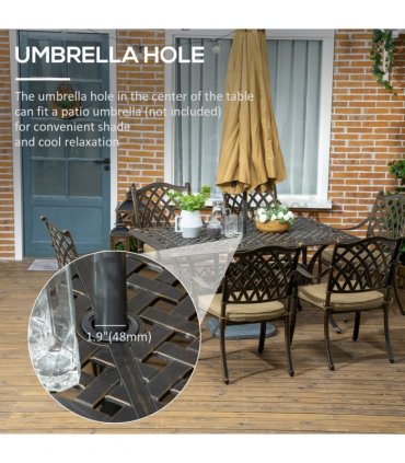 Garden Dining Set 7-PC Cast Aluminum Bronze Tone 150cmx90cmx72.5cm Umbrella