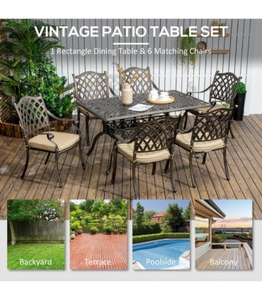 Garden Dining Set 7-PC Cast Aluminum Bronze Tone 150cmx90cmx72.5cm Umbrella