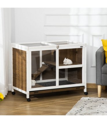 PawHut Wood Rabbit Hutch Bunny Cage Pet House Indoor W/ Tray Ramp, Brown