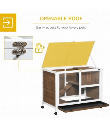 PawHut Wood Rabbit Hutch Bunny Cage Pet House Indoor W/ Tray Ramp, Brown