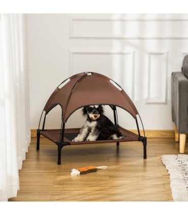 PawHut 76cm Elevated Dog Bed Cooling Raised Pet Cot UV Protection Canopy Coffee