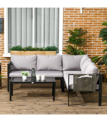 Outsunny 4 Piece Garden Furniture Set w/ Breathable Mesh Pocket, Light Grey