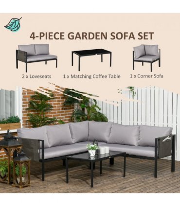 Outsunny 4 Piece Garden Furniture Set w/ Breathable Mesh Pocket, Light Grey
