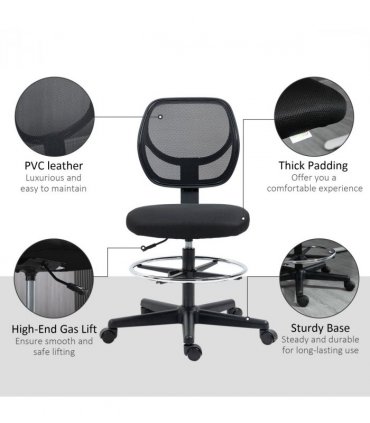 Vinsetto Draughtsman Chair Tall Office Chair w/ Adjustable Footrest Ring Black