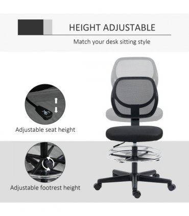 Vinsetto Draughtsman Chair Tall Office Chair w/ Adjustable Footrest Ring Black
