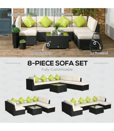 Outsunny 8 Pieces Patio Rattan Sofa Set Garden Furniture Set for Outdoor Black