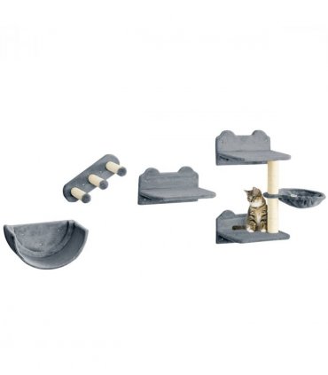 PawHut 4PCs Wall Mounted Cat Tree Cat Wall Shelves W/ Scratching Post Grey