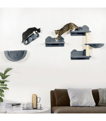 PawHut 4PCs Wall Mounted Cat Tree Cat Wall Shelves W/ Scratching Post Grey