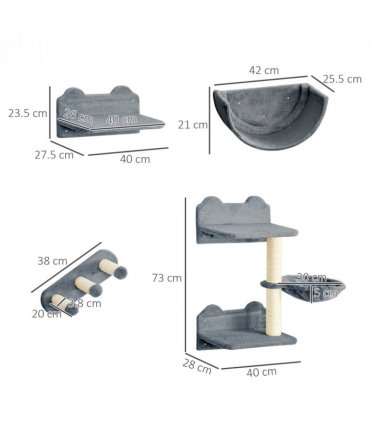 PawHut 4PCs Wall Mounted Cat Tree Cat Wall Shelves W/ Scratching Post Grey