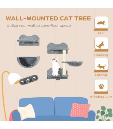 PawHut 4PCs Wall Mounted Cat Tree Cat Wall Shelves W/ Scratching Post Grey