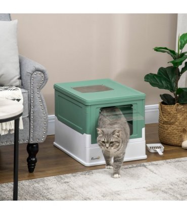 PawHut Hooded Cat Litter Box, Portable Pet Toilet w/ Scoop, Tray - Green