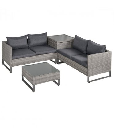 PE Rattan Grey 133cmx69cmx64cm Outdoor Sofa Set with Storage Table and Cushions