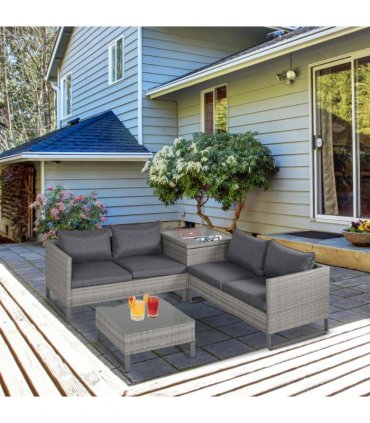 PE Rattan Grey 133cmx69cmx64cm Outdoor Sofa Set with Storage Table and Cushions
