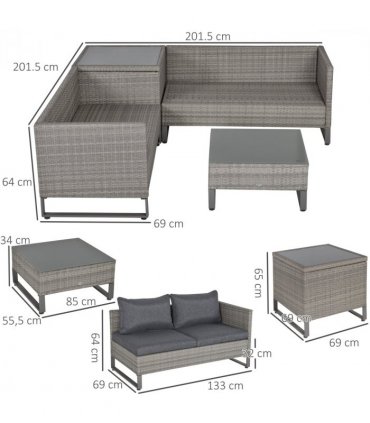 PE Rattan Grey 133cmx69cmx64cm Outdoor Sofa Set with Storage Table and Cushions