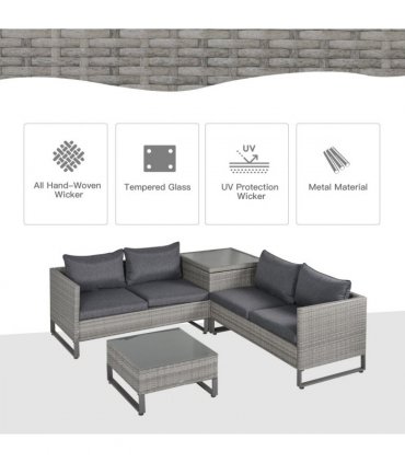 PE Rattan Grey 133cmx69cmx64cm Outdoor Sofa Set with Storage Table and Cushions
