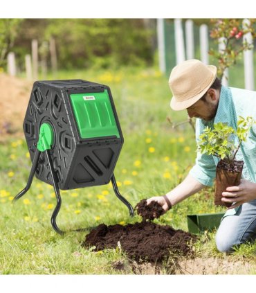 Garden Compost Bin - 65L Green and Black Steel 77H x 60L x 49W cm Rotation