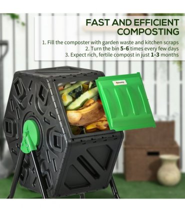 Garden Compost Bin - 65L Green and Black Steel 77H x 60L x 49W cm Rotation