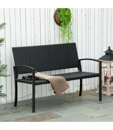 Outsunny Patio Rattan 2 Seater Garden Bench Love Seater Garden Armchair Black