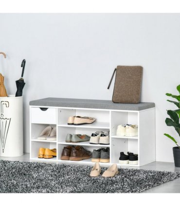 HOMCOM Shoe Storage Cabinet Bench w/ Cushion Adjustable Shelves White and Grey
